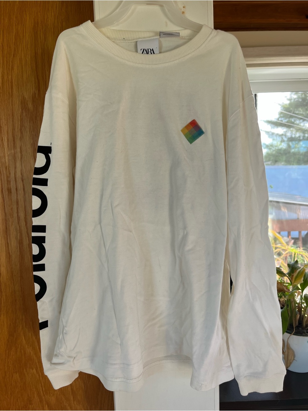 Zara White Long Sleeve Tee with Rainbow Diamond Patch and Black Sleeve Logo